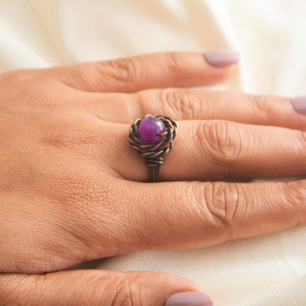 Antique Copper Wire Wrapped Ring with Amethyst Stone