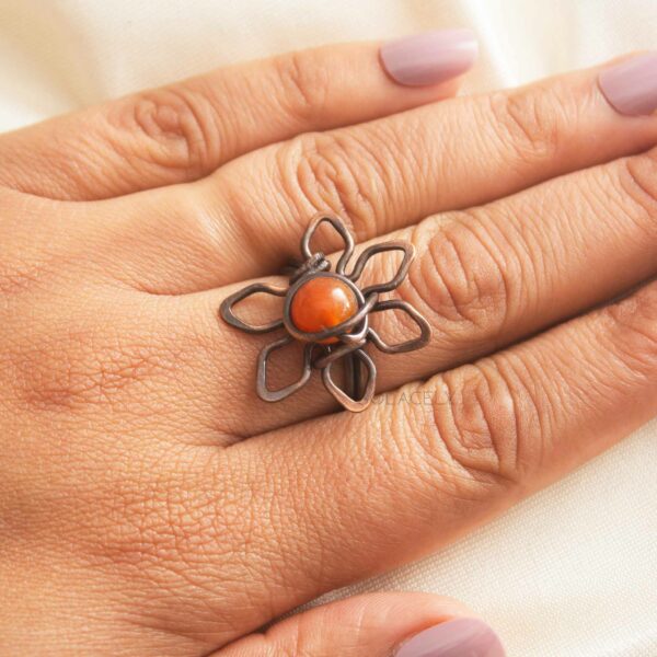 Antique Copper Wire Wrapped Flower Ring with Carnelian Stone