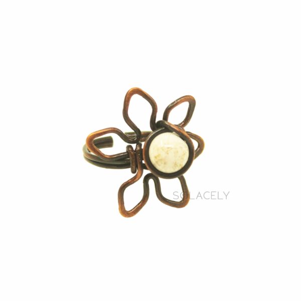 Antique Copper Wire Wrapped Flower Ring with Howlite Stone - Image 4