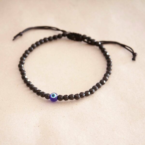 Black Tourmaline Anklet with Evil Eye and 4mm Faceted Beads - Image 3