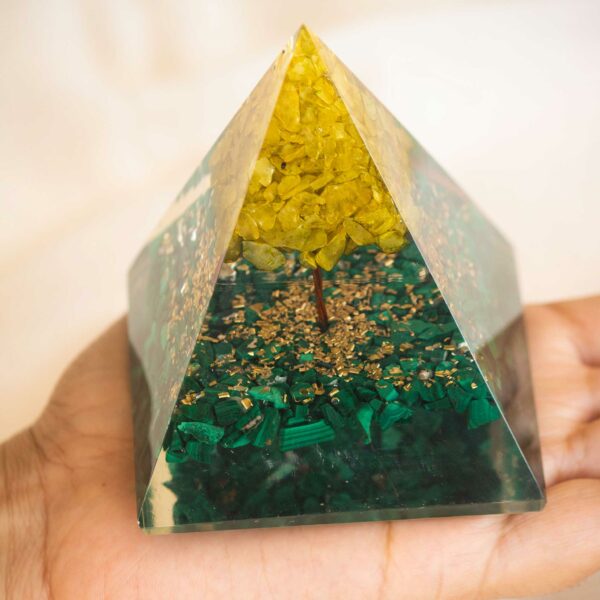 Malachite Orgone Pyramid with Citrine Tree of Life - Image 3