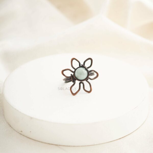 Antique Copper Wire Wrapped Flower Ring with Aquamarine Stone - Image 2