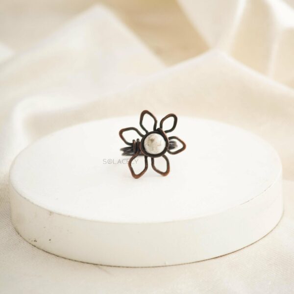 Antique Copper Wire Wrapped Flower Ring with Howlite Stone - Image 2