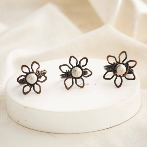 Antique Copper Wire Wrapped Flower Ring with Howlite Stone - Image 3