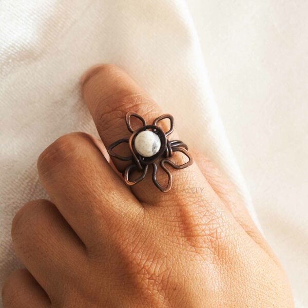 Antique Copper Wire Wrapped Flower Ring with Howlite Stone - Image 5