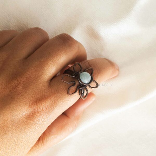 Antique Copper Wire Wrapped Flower Ring with Aquamarine Stone - Image 5