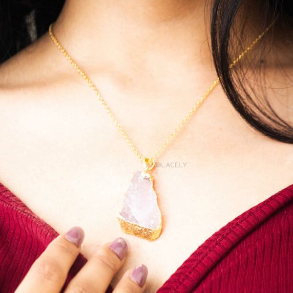 Raw Rose Quartz Pendant Electroplated with Chain - Golden - Image 2