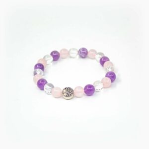 amethyst, rose quartz and clear quartz with tree of life charm