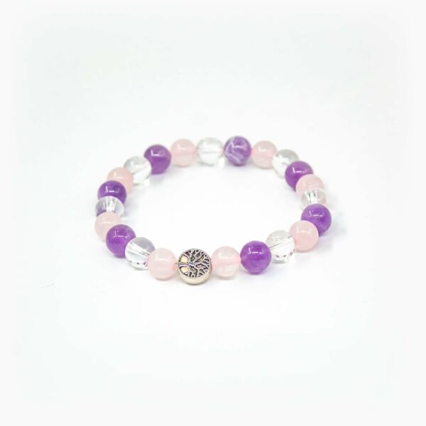 amethyst, rose quartz and clear quartz with tree of life charm