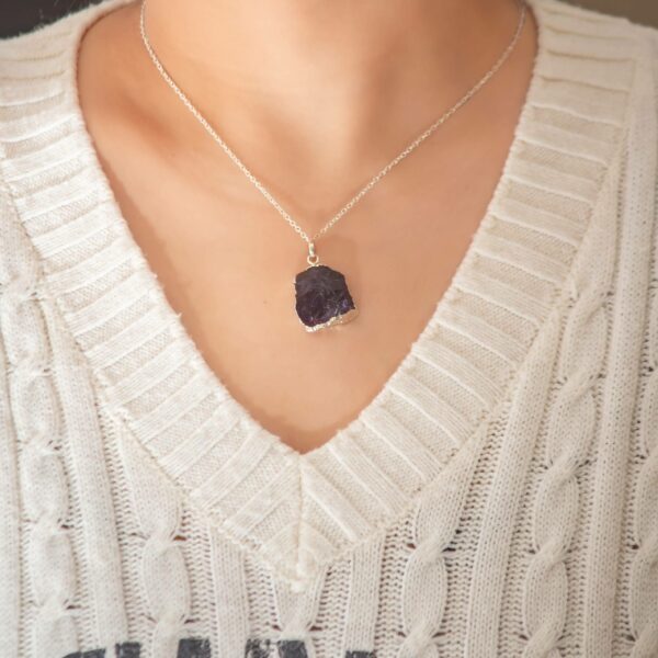 Raw Amethyst Stone Pendant Electroplated with Chain - Image 6