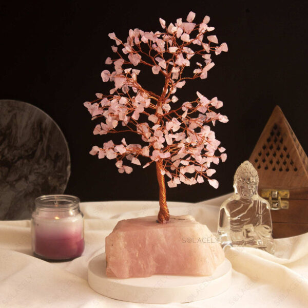 Rose Quartz Crystal Tree Of Life With Natural Rose Quartz Stone Base - 300 Beads