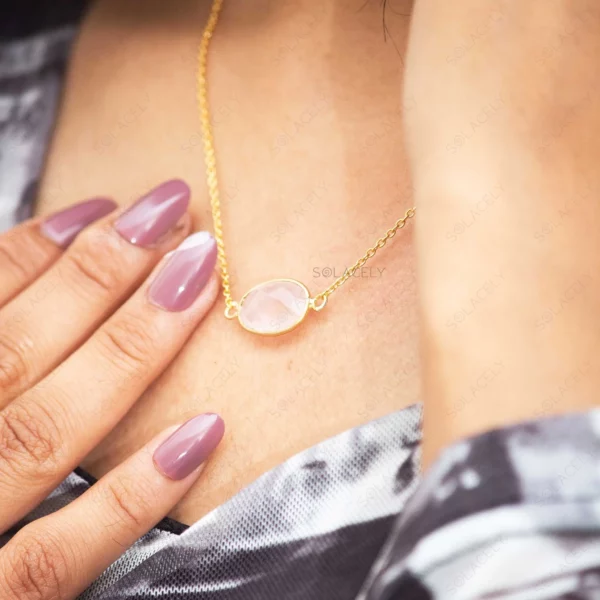 Rose Quartz Oval Shape Sterling Silver Gold Plated Necklace - Image 7