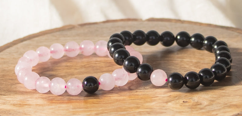 Rose quartz and black tourmaline couple bracelet