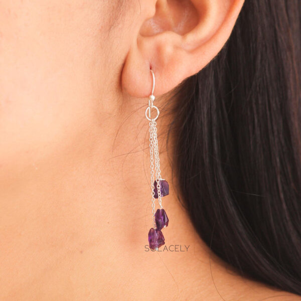 Amethyst Triple Chain Drop Earrings - Sterling Silver