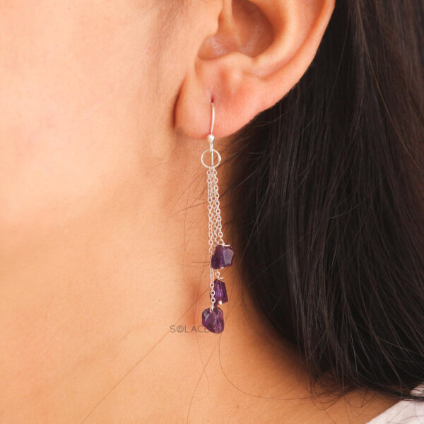 Amethyst Triple Chain Drop Earrings - Sterling Silver - Image 4