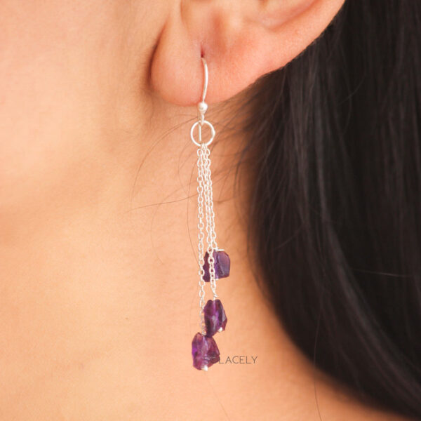 Amethyst Triple Chain Drop Earrings - Sterling Silver - Image 3