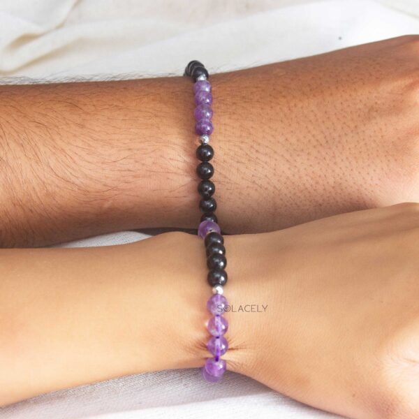 Amethyst and Black Tourmaline Couple Bracelet - 6mm Beads