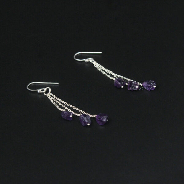Amethyst Triple Chain Drop Earrings - Sterling Silver - Image 2