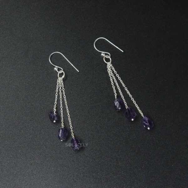 Amethyst Triple Chain Drop Earrings - Sterling Silver - Image 6