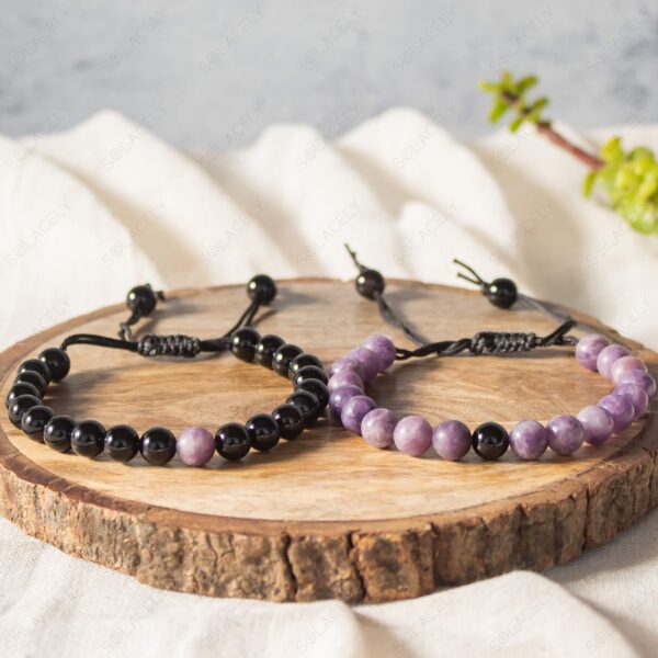 Lepidolite and Black Tourmaline Couple Bracelets - 8mm Beads