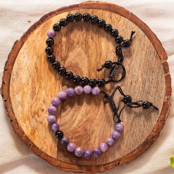 Lepidolite and Black Tourmaline Couple Bracelets - 8mm Beads - Image 7