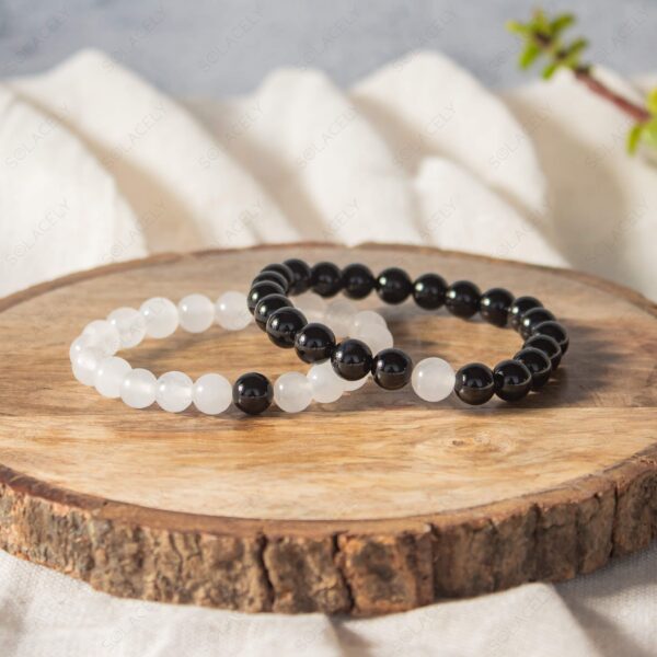 Moonstone and Black Tourmaline Couple Bracelets-8mm Beads