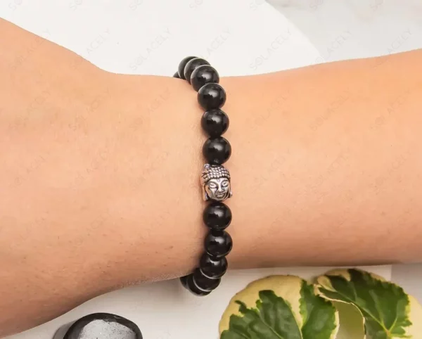 Black Tourmaline Bracelet With Buddha Charm - 8mm Beads - Image 3