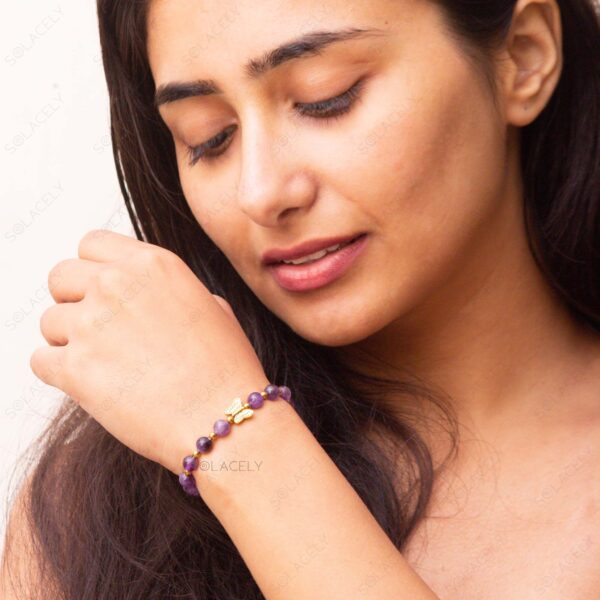 Amethyst Bracelet With Golden Butterfly Charm - 6mm Beads - Image 4