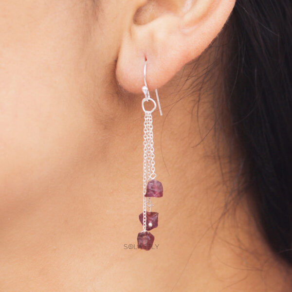 Red Garnet Triple Chain Drop Earring - Sterling Silver