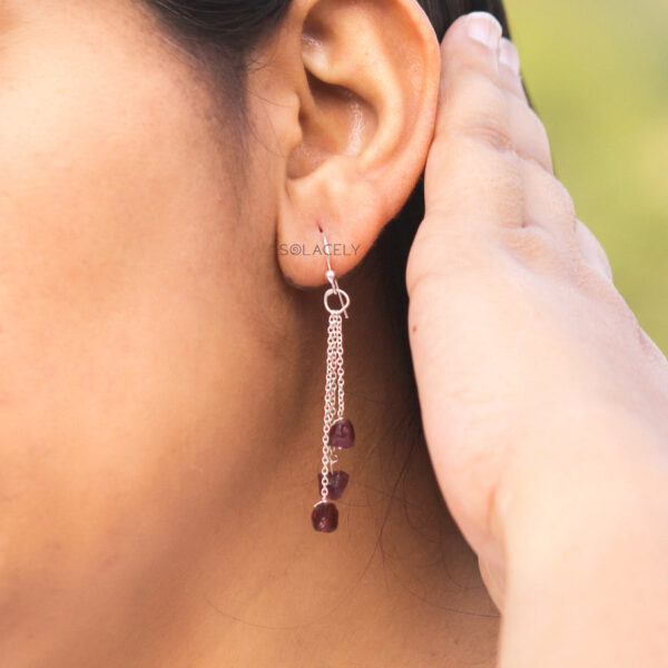 Red Garnet Triple Chain Drop Earring - Sterling Silver - Image 4