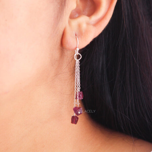 Red Garnet Triple Chain Drop Earring - Sterling Silver - Image 3