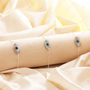 silver evil eye bracelet with mother of pearl