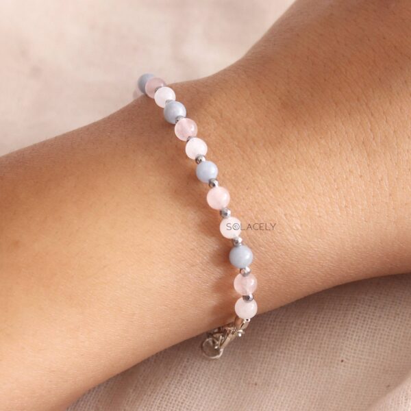 Angelite, Rose Quartz, and Moonstone Beaded Bracelet - Adjustable - Image 2
