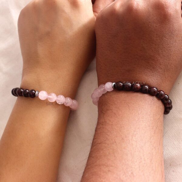 Rose Quartz and Red Garnet Crystal Couple Bracelet - 8mm Beads - Image 2