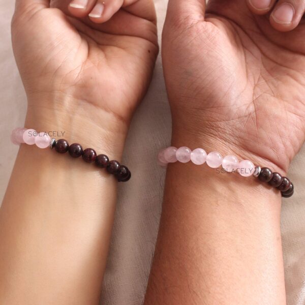 Rose Quartz and Red Garnet Crystal Couple Bracelet - 8mm Beads - Image 4