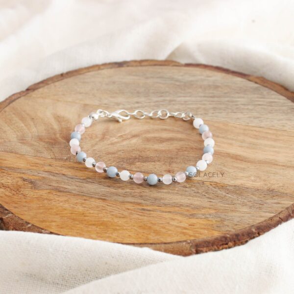 Angelite, Rose Quartz, and Moonstone Beaded Bracelet - Adjustable - Image 4