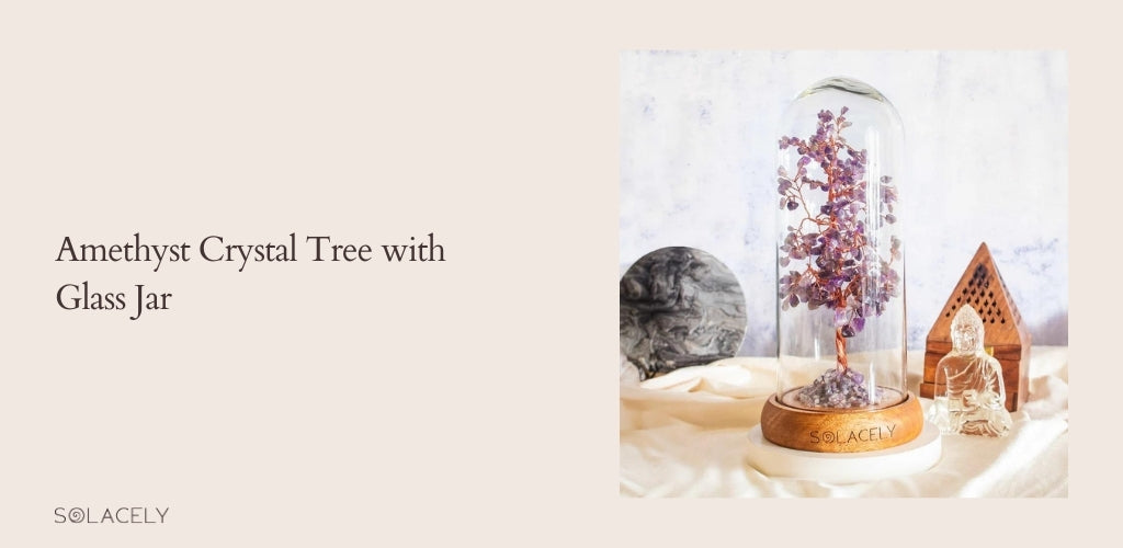 amethyst crystal tree with glass jar